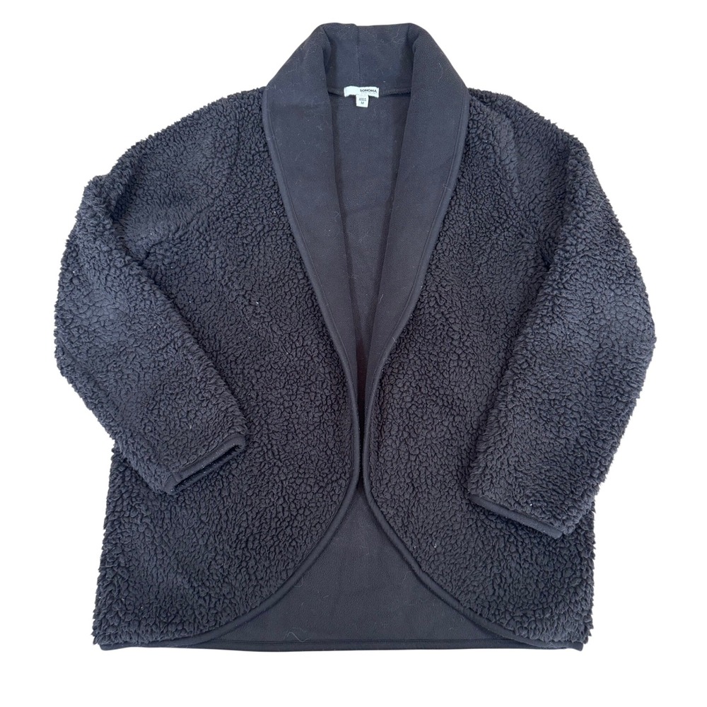 Sonoma Goods For Life Sherpa Open Front Cardigan M Black Shawl Collar